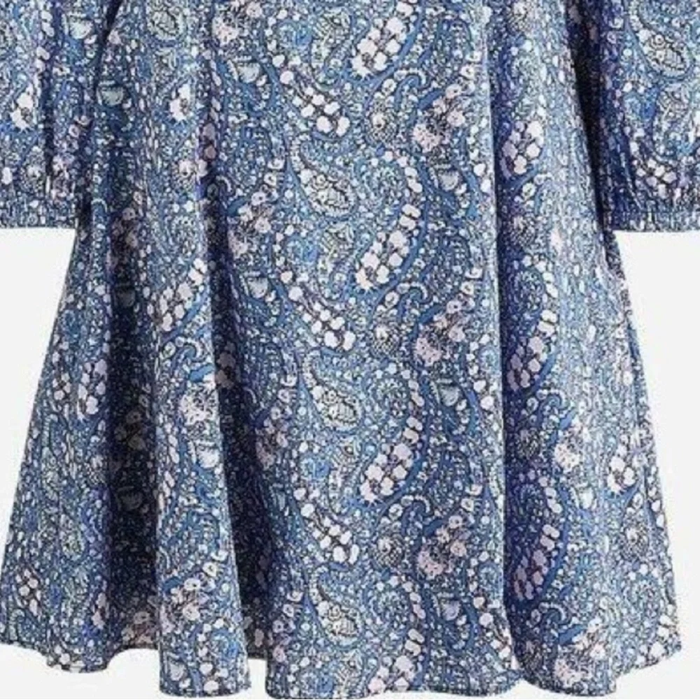 J. Crew Blue and White Ruffled Paisley Mini Dress with Long Puff Sleeves Size 2